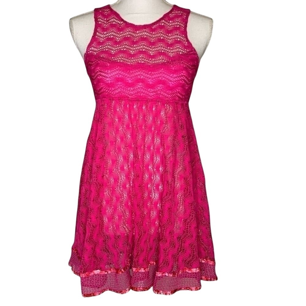 Free People New Romantics Hot Pink Madam Butterfly Crochet Top‎ Women Size XS